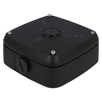 base quadrada preta com parafusos e marcações em relevo