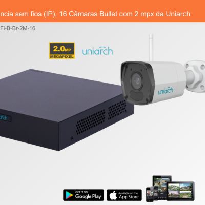 Sistema de videovigilância sem fios Uniarch com 16 câmaras bullet e caixa preta