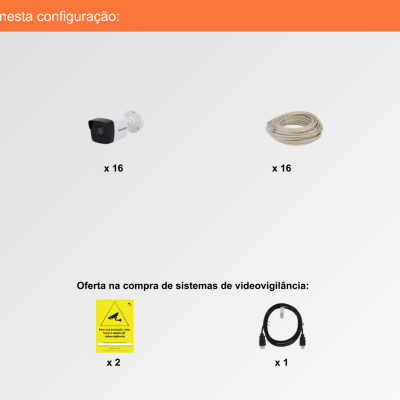 Componentes de sistema de videovigilância dispostos e identificados com quantidades e texto explicativo em português.