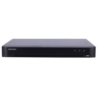 Gravador digital preto HIKVISION com porta USB e botões frontais.