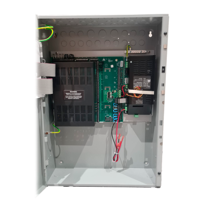 armadura metálica aberta com componentes eletrónicos interiores