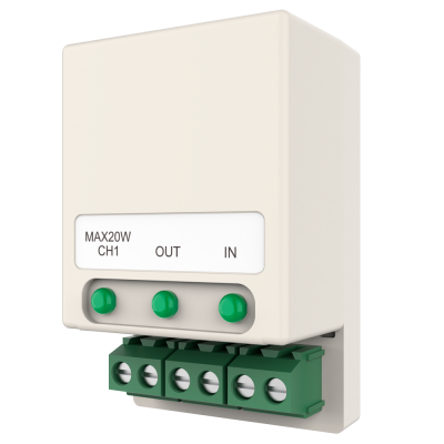 Dispositivo elétrico branco com botões e conectores verdes