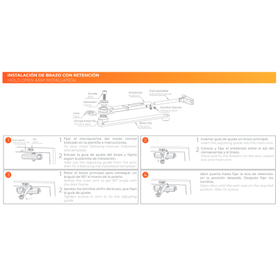 Instruções técnicas para instalação de braço com retenção para porta com diagramas e texto em espanhol e inglês