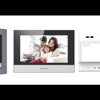 Dispositivos Hikvision para vídeoporteiro, incluindo campainha, ecrã e módulo de controlo