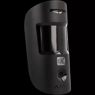 Sensor de movimento preto para segurança com lente escurecida e botão prateado