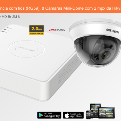 Sistema de videovigilância com fios, gravador branco e câmara Mini-Dome da Hikvision