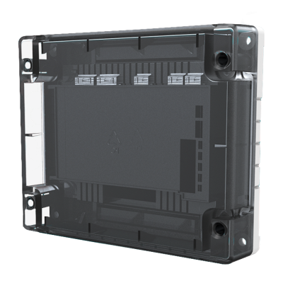 Caixa retangular transparente com cantos reforçados e componentes internos visíveis