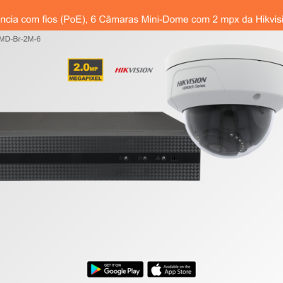 Sistema de videovigilância Hikvision com 6 câmaras Mini-Dome e gravador