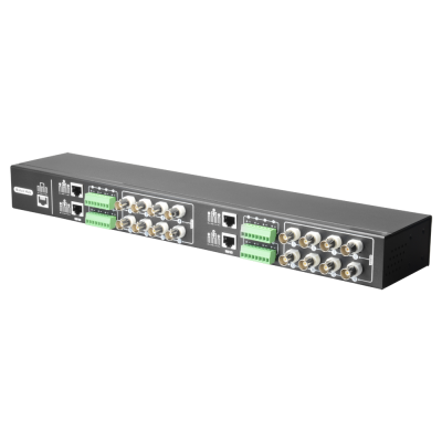 Dispositivo eletrónico preto tipo hub com conectores BNC, RJ45 e terminais verdes