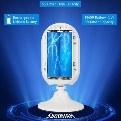 Bateria recarregável 18650 azul dentro de suporte branco com texto sobre capacidade e tipo em fundo azul