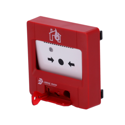 Alarme de incêndio manual vermelho com visor branco e ícones pretos.