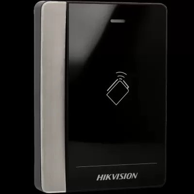 Leitor de cartão de acesso HIKVISION preto e cinza com símbolo de cartão contactless