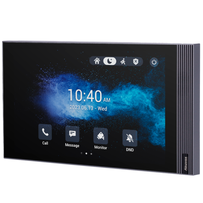 Monitor digital retangular com ecrã táctil a mostrar data, hora e ícones