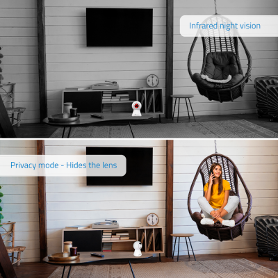 Sala com câmaras de segurança, cadeira suspensa e móveis em madeira e branco.