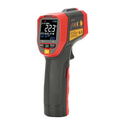 Termómetro infravermelho digital preto e vermelho com ecrã a mostrar 22.3°C