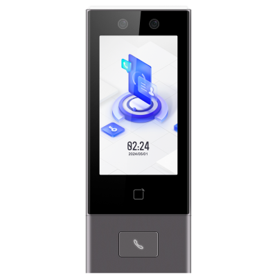 Dispositivo eletrônico retangular cinzento com ecrã digital e botão de telefone