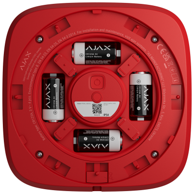 Interior de dispositivo vermelho com quatro pilhas AJAX CR123A 3V Lithium Battery