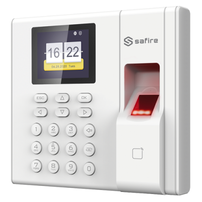 Dispositivo biométrico branco com visor, teclado numérico e leitor de impressão digital vermelho