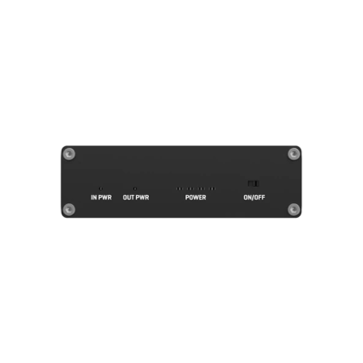 Painel frontal de dispositivo eletrónico preto com LEDs indicativos e botão ON/OFF.
