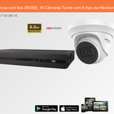 Sistema de videovigilância com gravador preto e câmara Turret branca da Hikvision