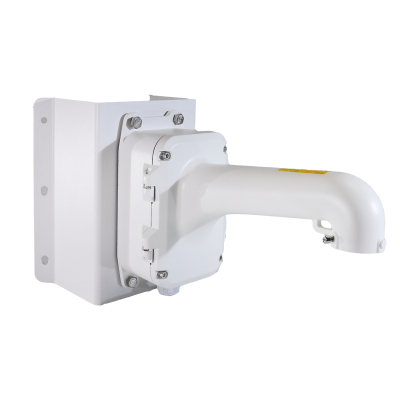 Suporte de parede branco de metal com braço curvo e parafusos visíveis