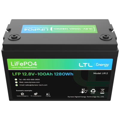 Bateria LiFePO4 preta com etiquetas verdes e azuis e texto informativo