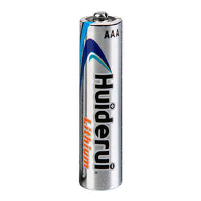 Pilha AAA Hyperu Lithium prateada com detalhes azuis e texto preto e laranja