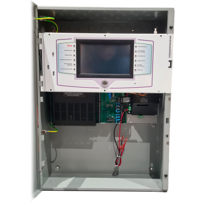 Painel de controlo contra incêndios em caixa metálica cinzenta com ecrã digital e etiquetas com texto