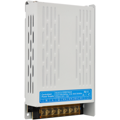 Fonte de alimentação centralizada branca com etiqueta azul e conexões elétricas expostas