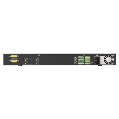 Dispositivo eletrónico preto retangular com várias portas de conexão na parte traseira.