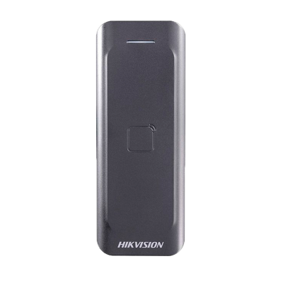 Leitor de proximidade Hikvision cinzento escuro com indicador LED e logótipo