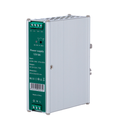 Fonte de alimentação 12V 6A com caixa metálica prateada e painel verde