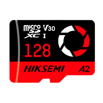 Cartão microSDXC preto e vermelho da marca HIKSEMI com capacidade de 128 GB