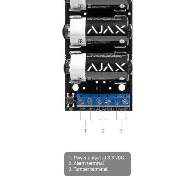 Dispositivo eletrónico com pilhas AJAX e terminal azul com conexões