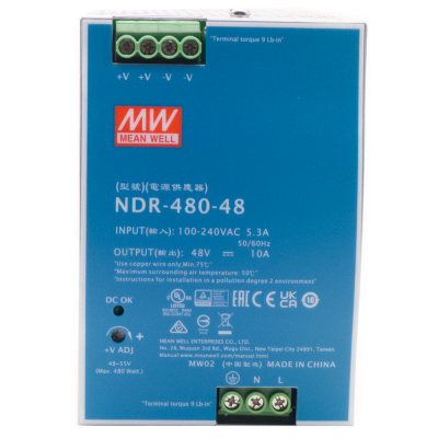 Fonte de alimentação azul MEAN WELL modelo NDR-480-48 com conexões verdes e especificações técnicas impressas