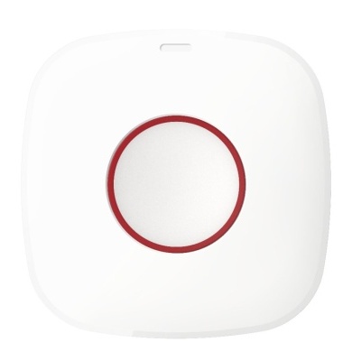 Dispositivo branco com botão circular vermelho ao centro