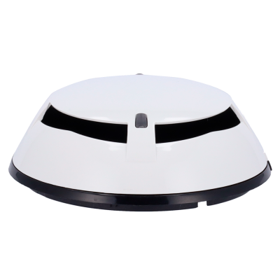 Robô aspirador de pó branco com detalhes pretos visto de frente