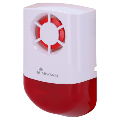 Dispositivo de alarme branco e vermelho com grelha circular e marca NIVIAN