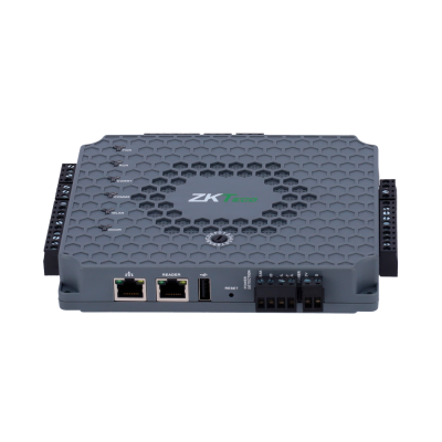 Dispositivo eletrônico cinza ZKTeco com portas Ethernet, USB e terminais de conexão