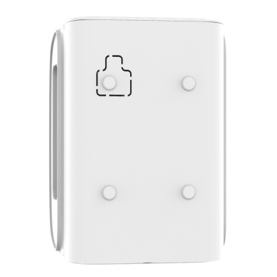 Recipiente branco de plástico com quatro botões e ícone de garrafa