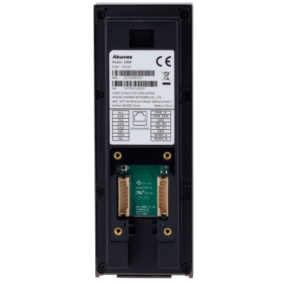 Dispositivo eletrônico Akuvox modelo A08K preto com etiqueta e placa de circuito