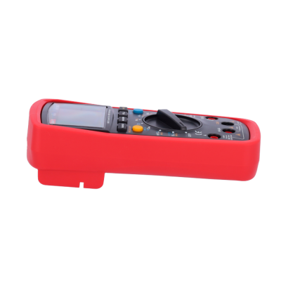 Multímetro digital com caixa vermelha e visor LCD