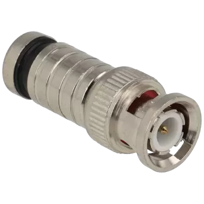 Conector BNC metálico prateado com anel de borracha preta