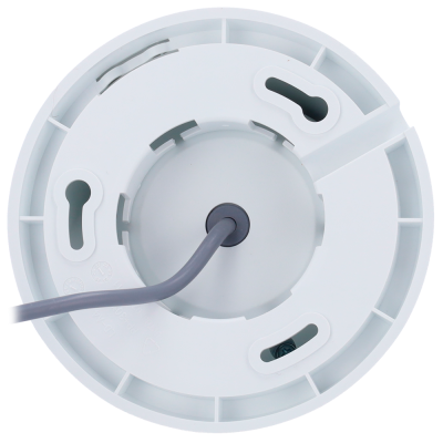 Vista inferior redonda de dispositivo branco com cabo cinza e furos para fixação.