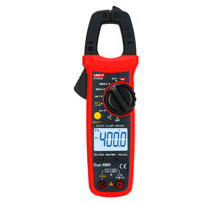 Multímetro amperímetro de garra digital vermelho e preto da marca UNI-T modelo UT203R com visor azul a mostrar 400.0 A