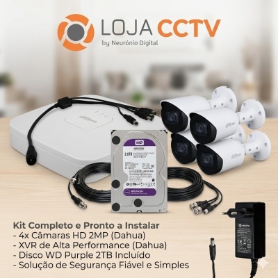 Kit de segurança com câmaras Dahua, disco WD Purple, XVR e adaptador