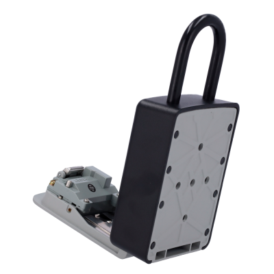 Fechadura de segurança preta e cinza em fundo branco