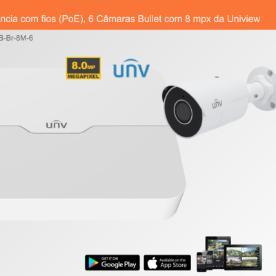 Sistema de videovigilância Uniview com dispositivo principal branco e câmara bullet branca