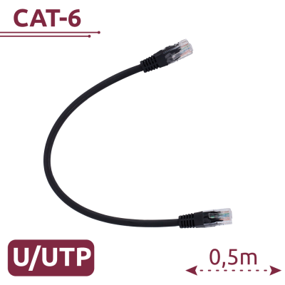Cabo Ethernet CAT-6 preto U/UTP 0,5m com conectores RJ45