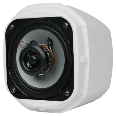 Coluna de som branca octogonal com componentes internos visíveis